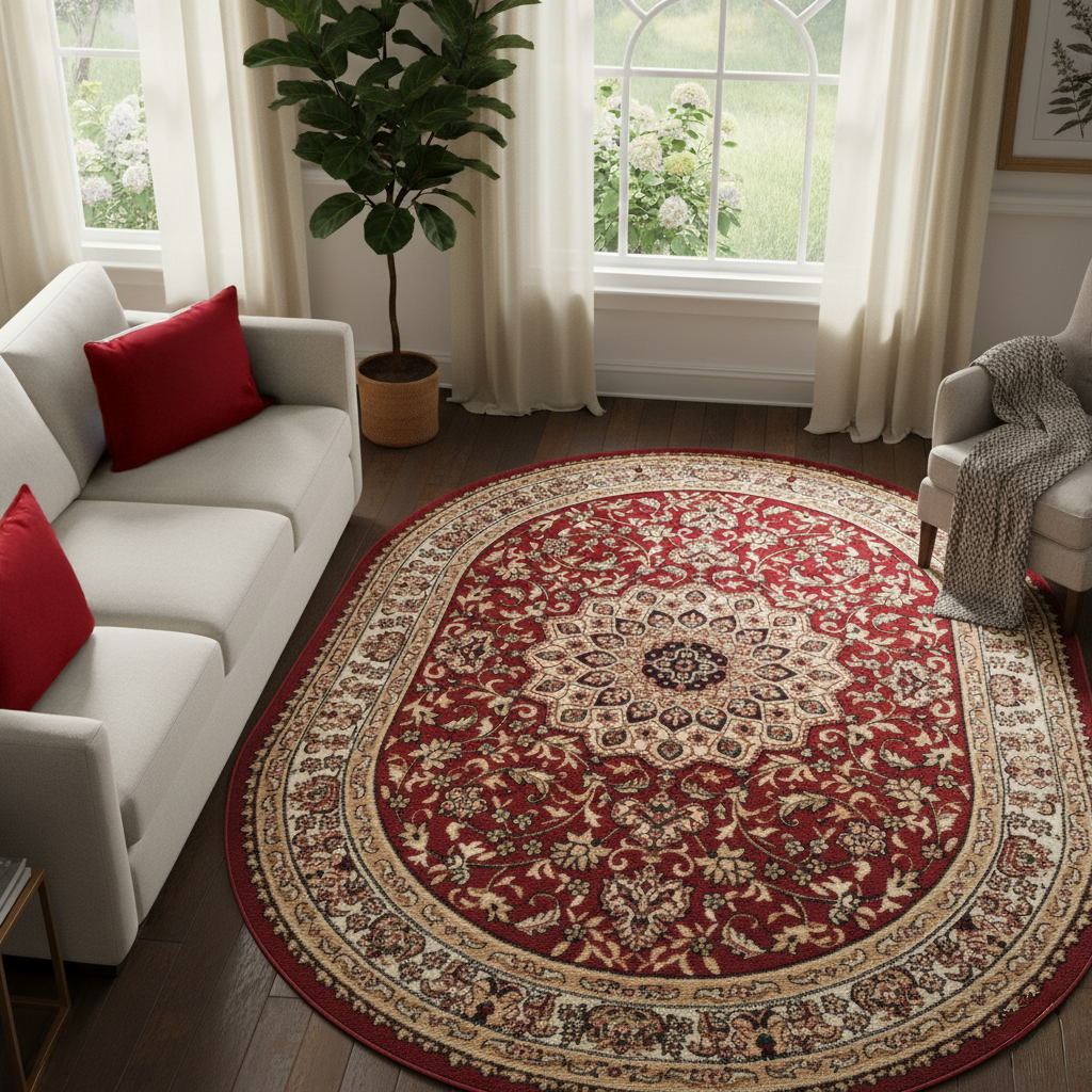 Tapis Atlas Ovale Rouge Crème Traditionnel Médaillon