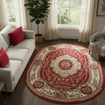 Tapis Atlas Ovale Rouge Crème Traditionnel Médaillon