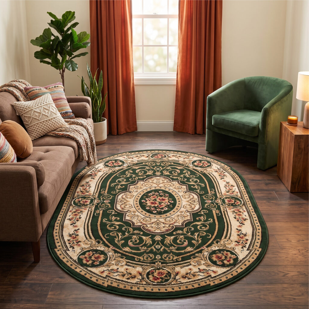 Tapis Atlas Ovale Vert Crème Traditionnel Médaillon