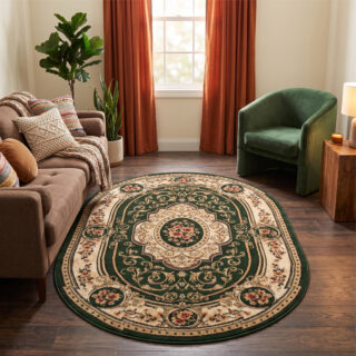 Tapis Atlas Ovale Vert Crème Traditionnel Médaillon