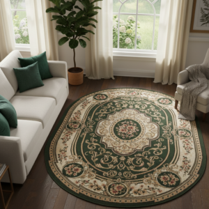 Tapis Atlas Ovale Vert Crème Traditionnel Médaillon