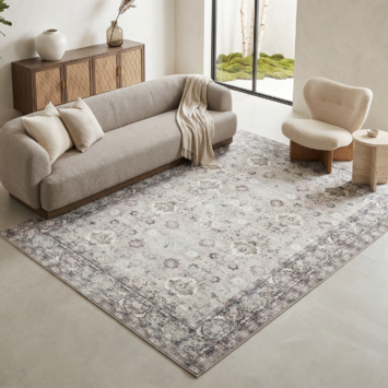 Tapis Ispahan Gris-Beige Touches Vertes Antidérapant