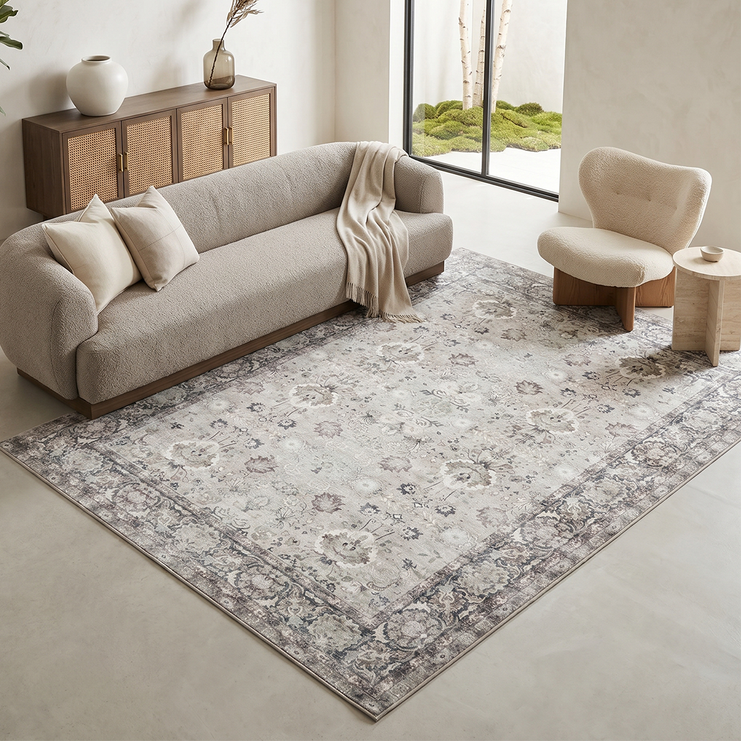 Tapis Ispahan Gris-Beige Touches Vertes Antidérapant