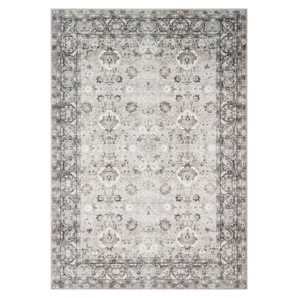 Tapis Ispahan Gris-Beige Touches Vertes Antidérapant