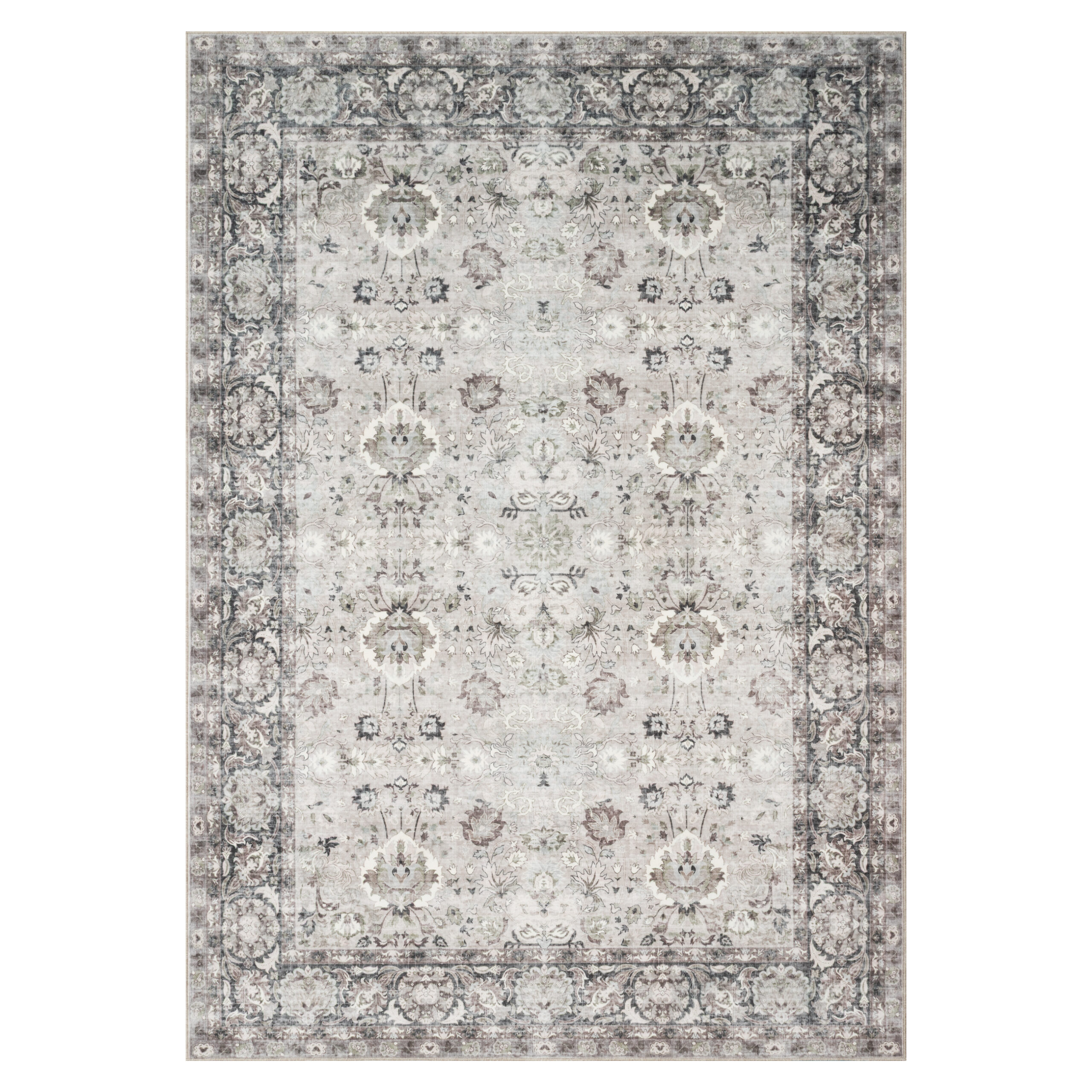 Tapis Ispahan Gris-Beige Touches Vertes Antidérapant