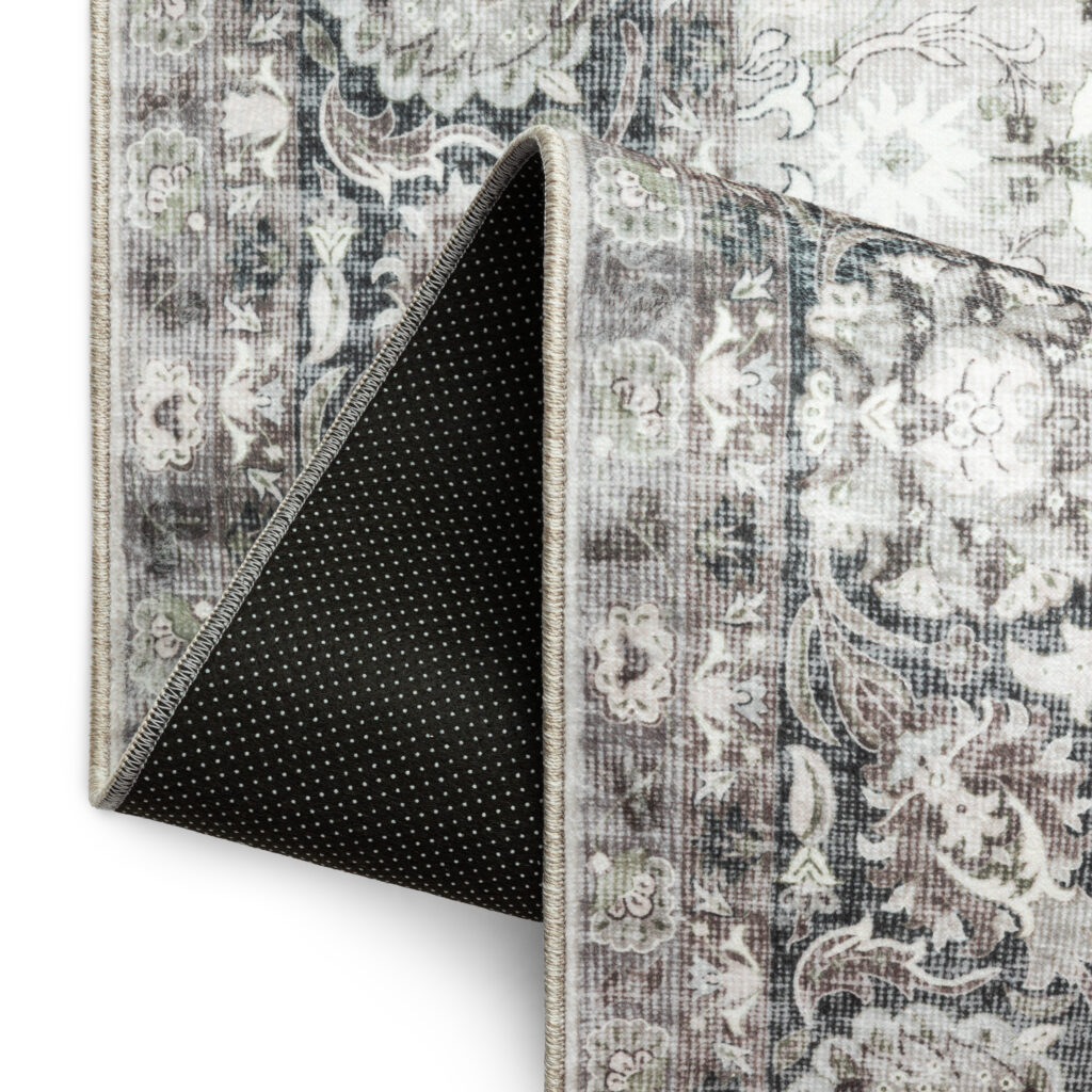 Tapis Ispahan Gris-Beige Touches Vertes Antidérapant