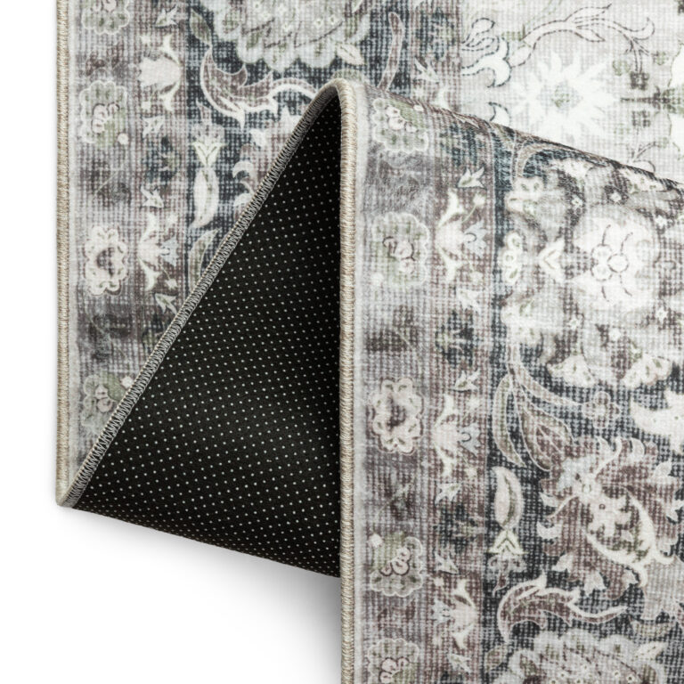 Tapis Ispahan Gris-Beige Touches Vertes Antidérapant