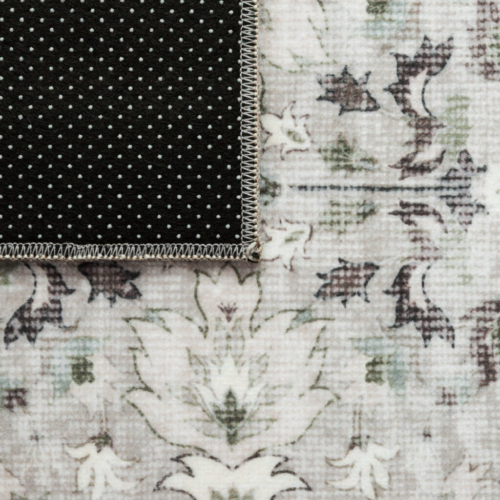 Tapis Ispahan Gris-Beige Touches Vertes Antidérapant