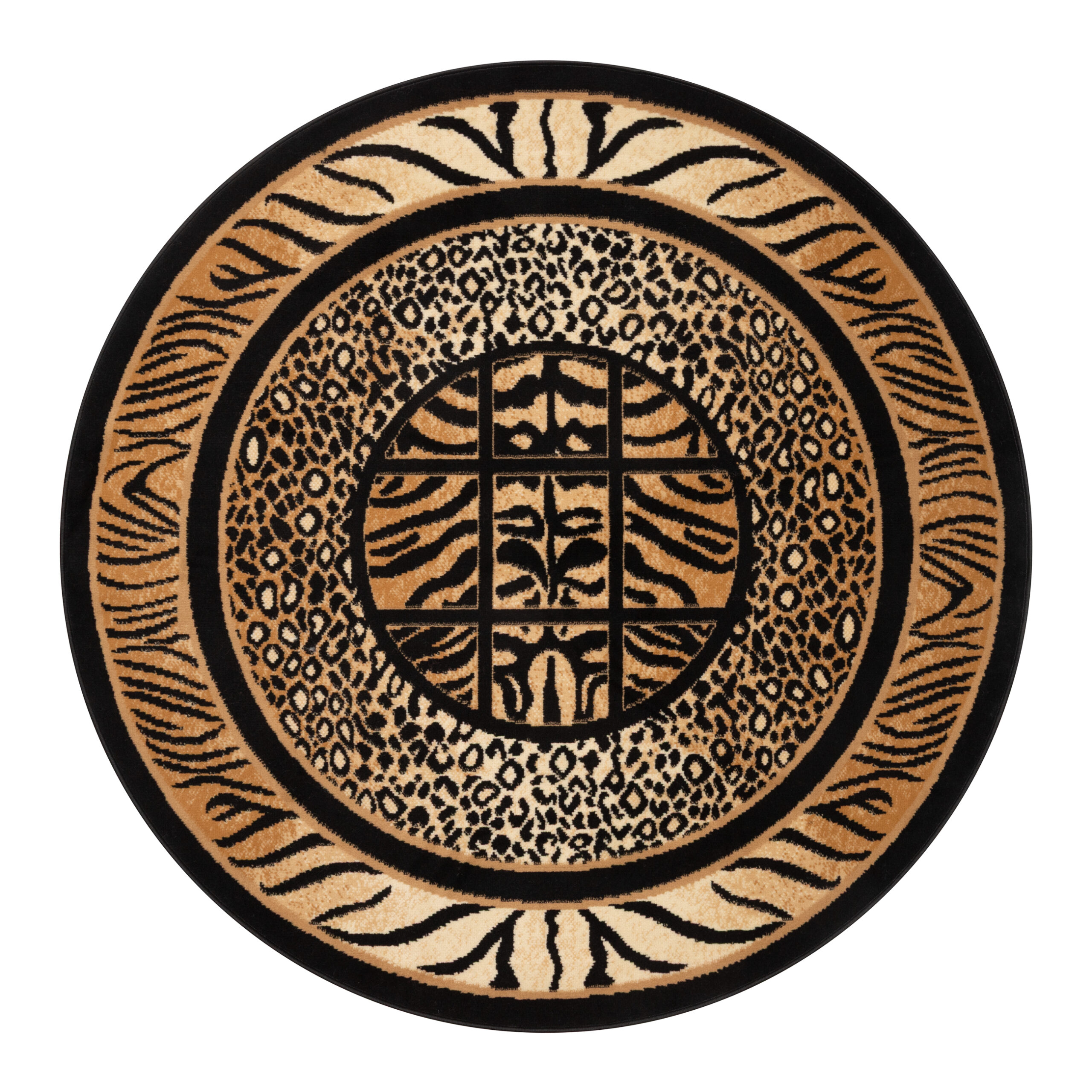 Tapis Atlas Rond Noir Marron Motif Animalier Safari