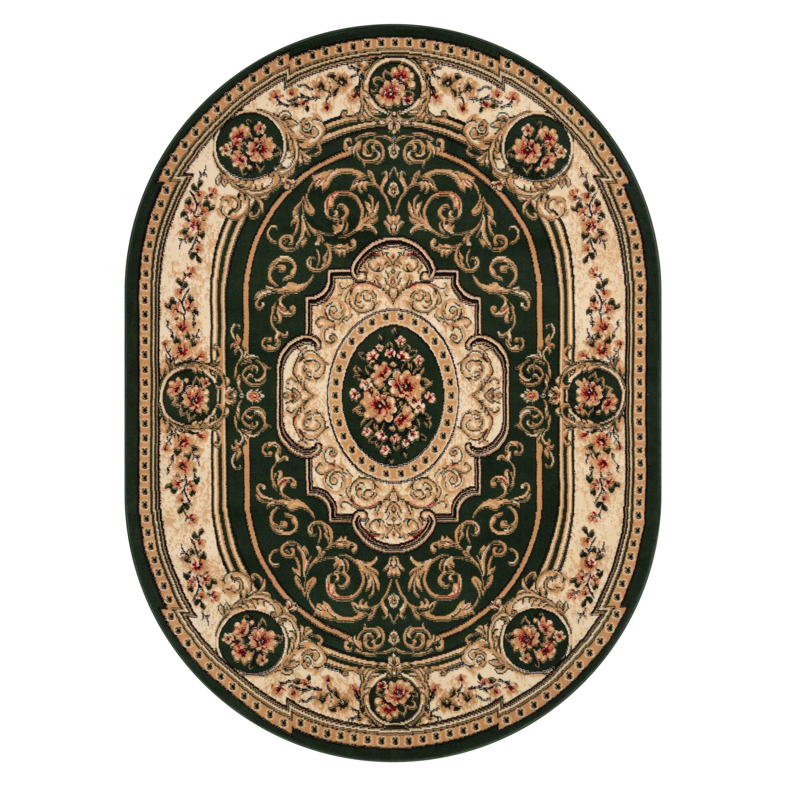 Tapis Atlas Ovale Vert Crème Traditionnel Médaillon