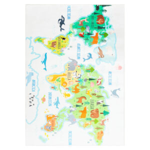 Tapis Kids Enfant Multicolore Carte du Monde Animaux Antidérapant