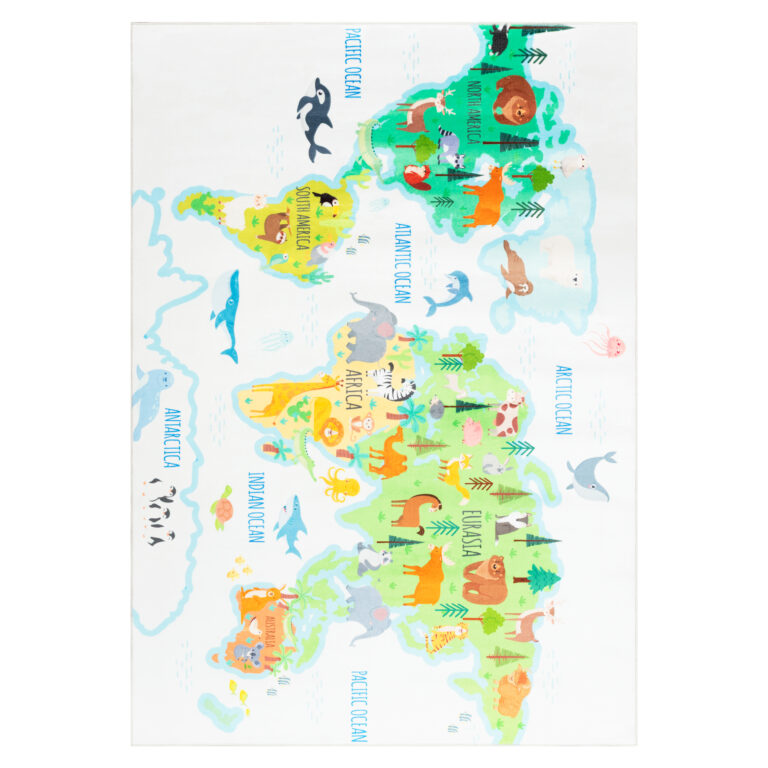 Tapis Kids Enfant Multicolore Carte du Monde Animaux Antidérapant