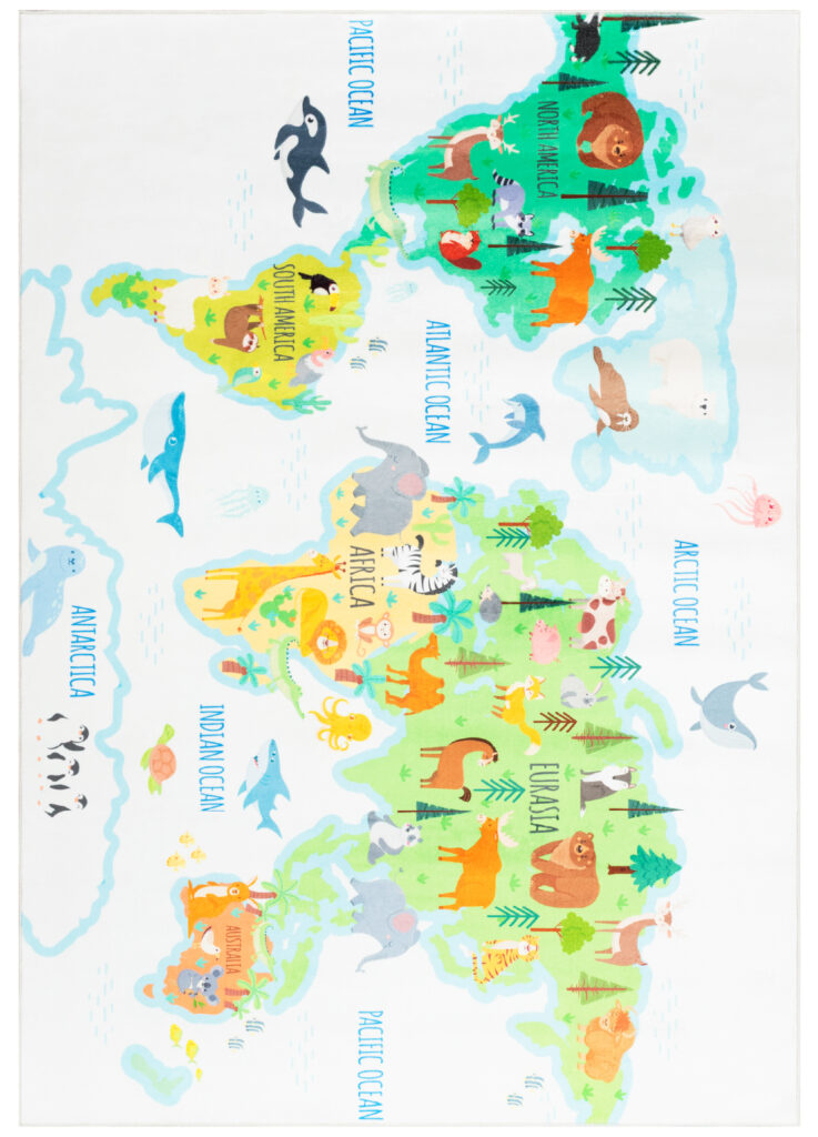 Tapis Kids Enfant Multicolore Carte du Monde Animaux Antidérapant