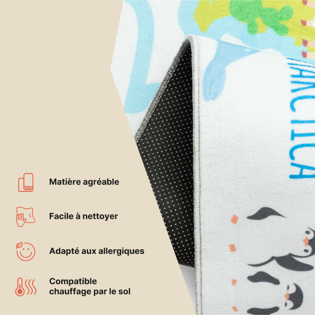 Tapis Kids Enfant Multicolore Carte du Monde Animaux Antidérapant