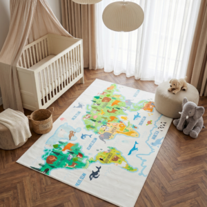 Tapis Kids Enfant Multicolore Carte du Monde Animaux Antidérapant