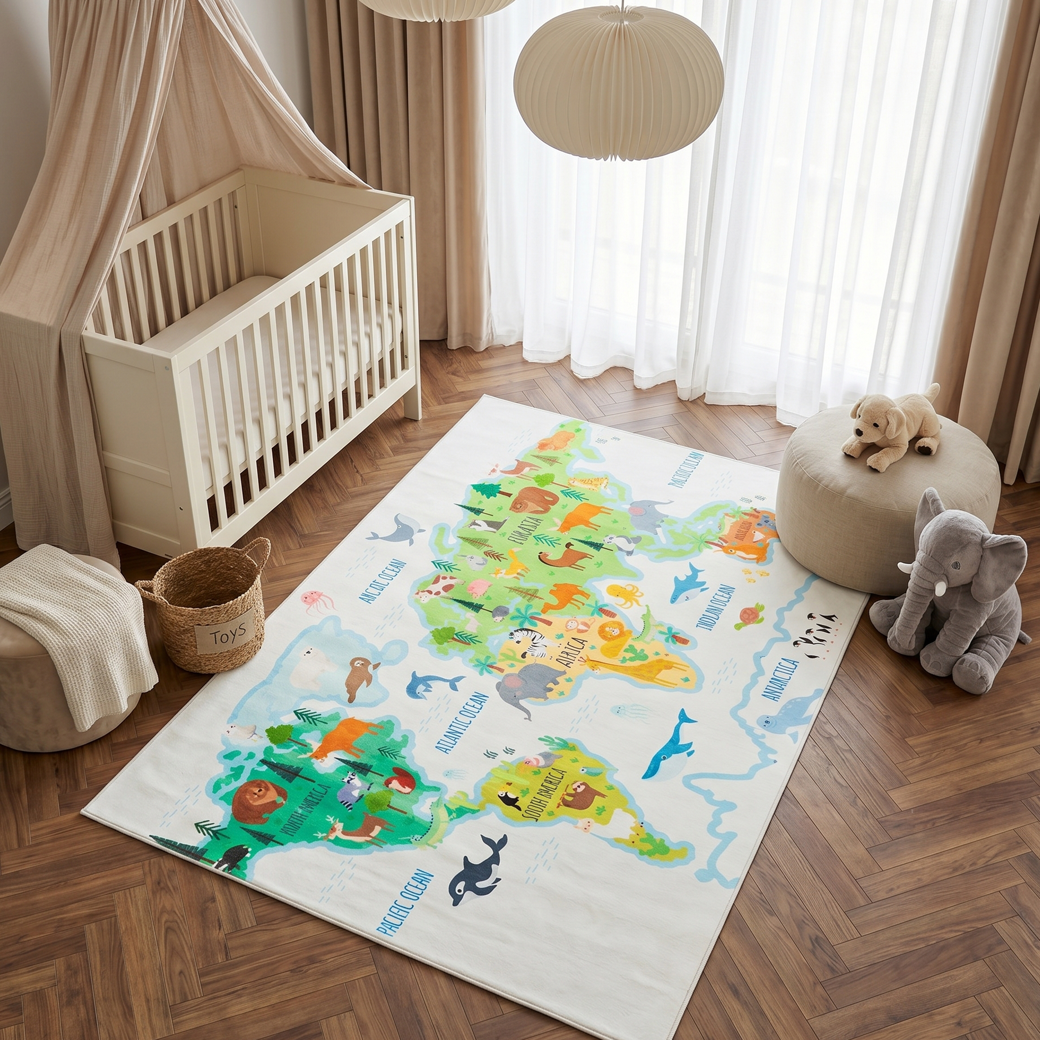 Tapis Kids Enfant Multicolore Carte du Monde Animaux Antidérapant
