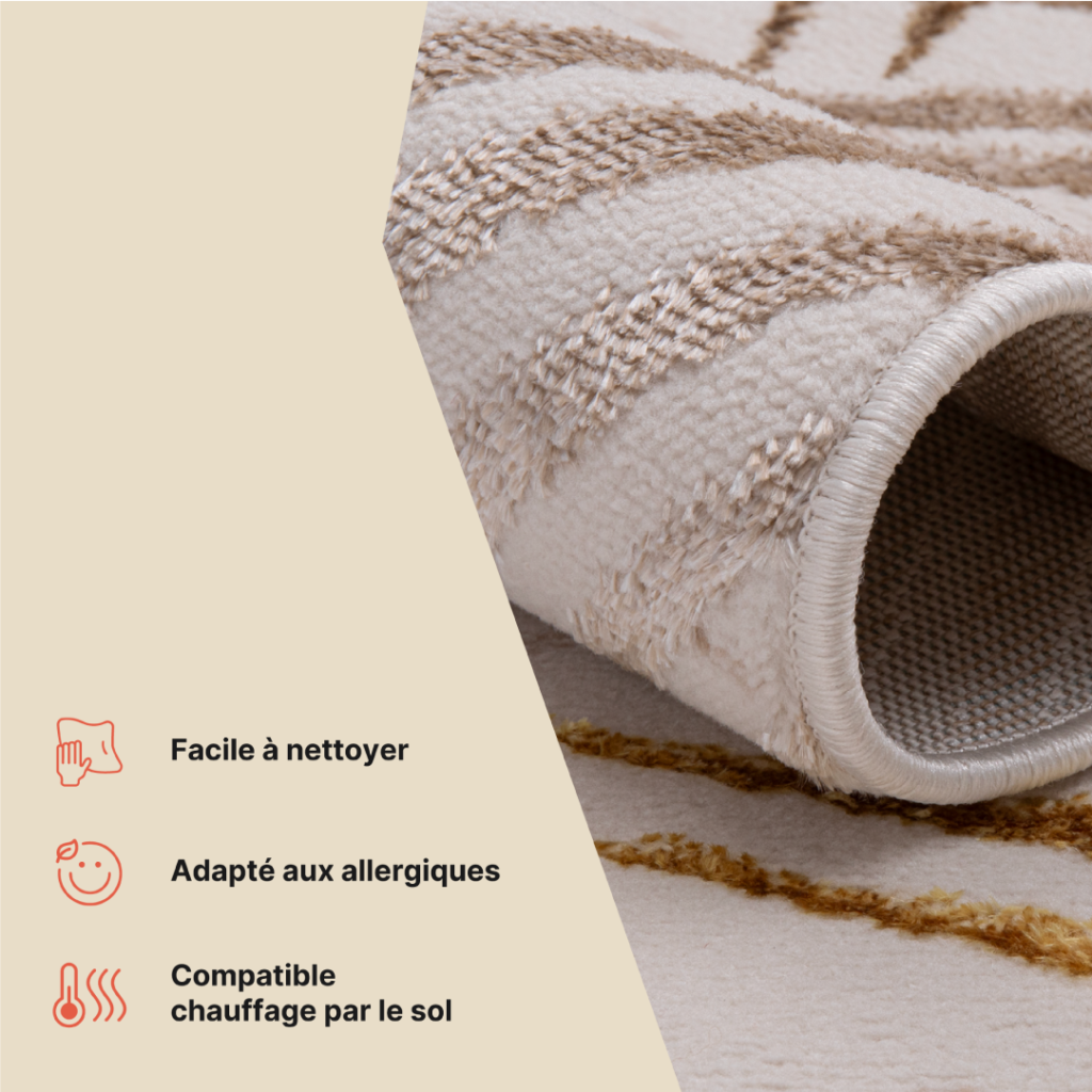 Tapis Crystal Or Marron Crème Feuilles Effet 3D
