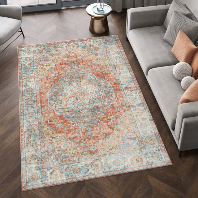 Tapis Retro Roux Bleu Rosace Vintage