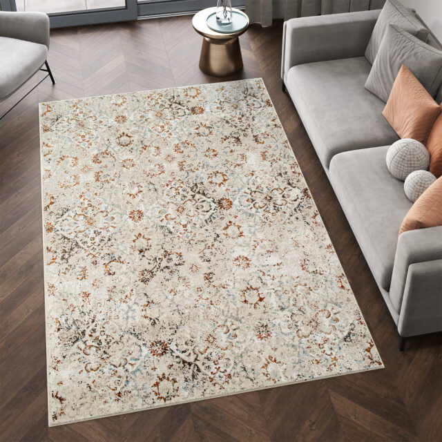 Tapis Retro Gris Bleu Roux Mosaïque Vintage