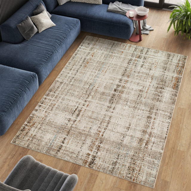 Tapis Retro Gris Roux Bleu Lignes Moderne