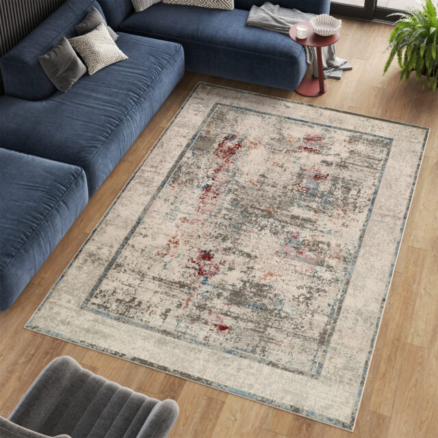 Tapis Retro Gris Roux Bleu Bordure Moderne