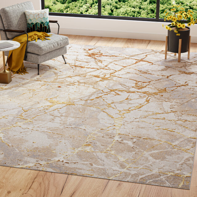 Tapis Golden Crème Or Abstrait Lignes