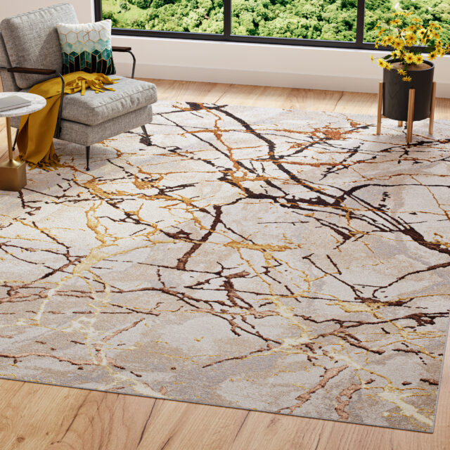 Tapis Golden Crème Or Marron Lignes