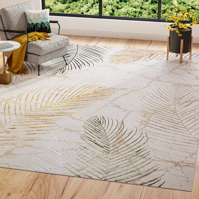 Tapis Golden Crème Or Vert Feuilles
