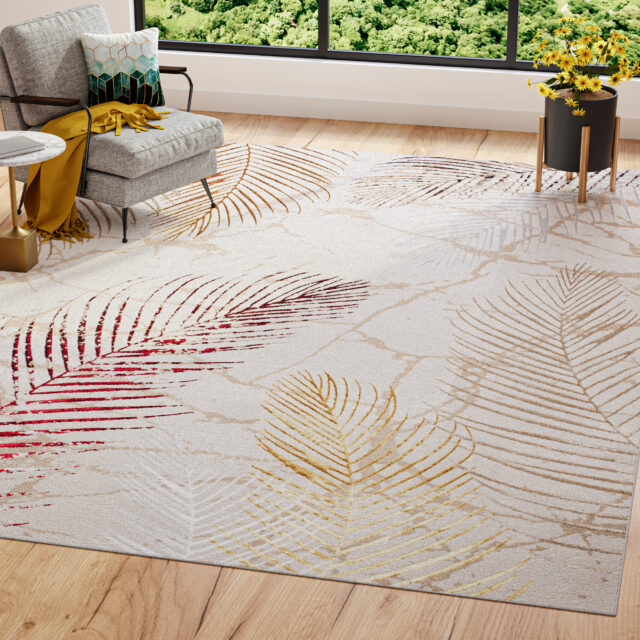 Tapis Golden Crème Or Rouge Feuilles