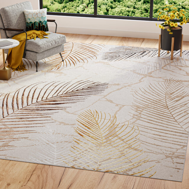 Tapis Golden Crème Or Marron Feuilles