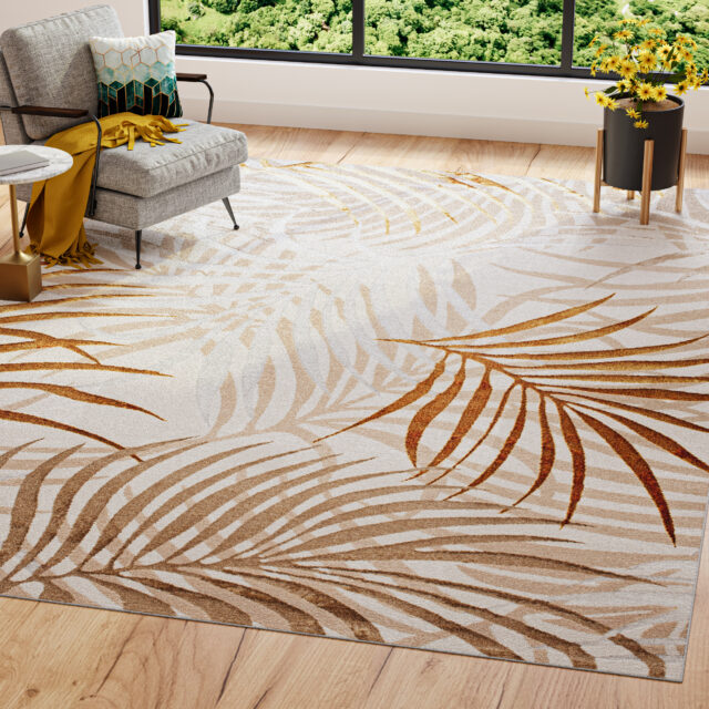 Tapis Golden Crème Or Beige Feuilles