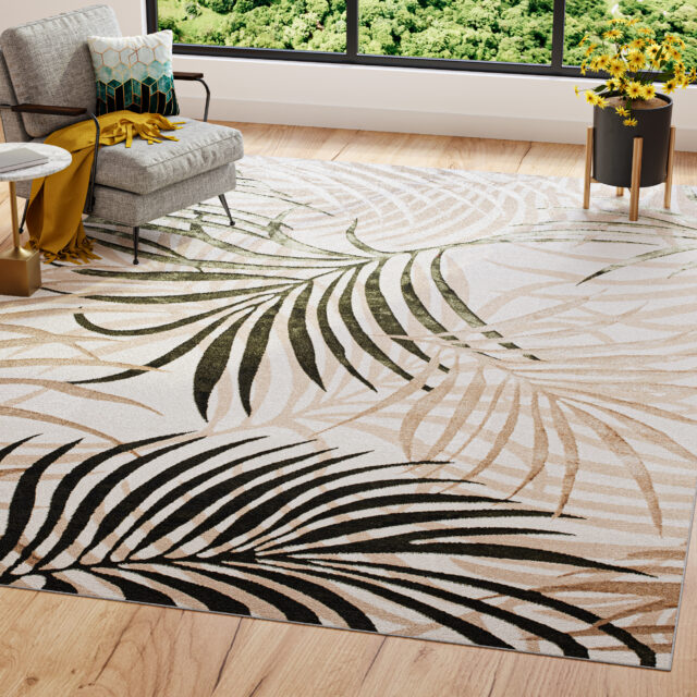 Tapis Golden Crème Beige Vert Feuilles