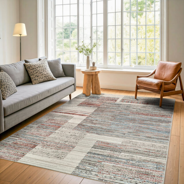 Tapis Retro Gris Roux Bleu Rayé Moderne